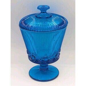 Depression Vibrant Blue Candy Dish with Lid Glass Ribbed Design Vintage Winter